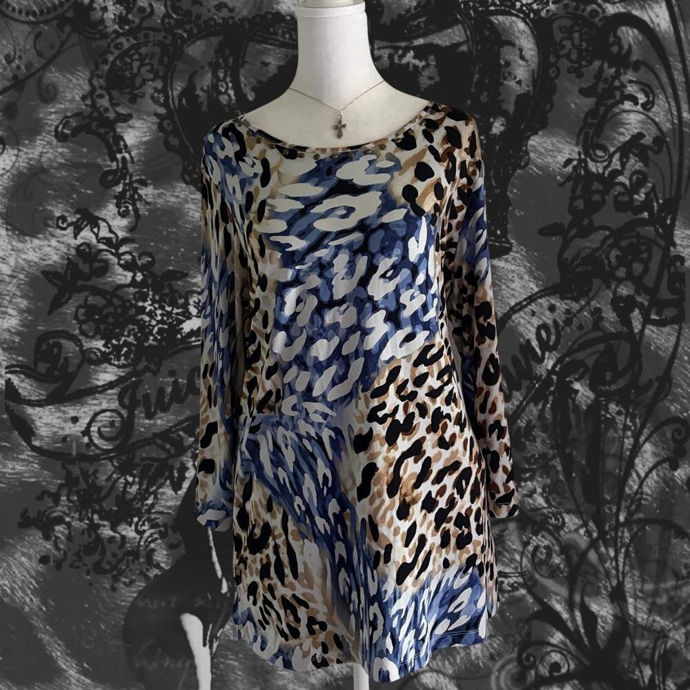 bronze oval studded white cream brown animal print top